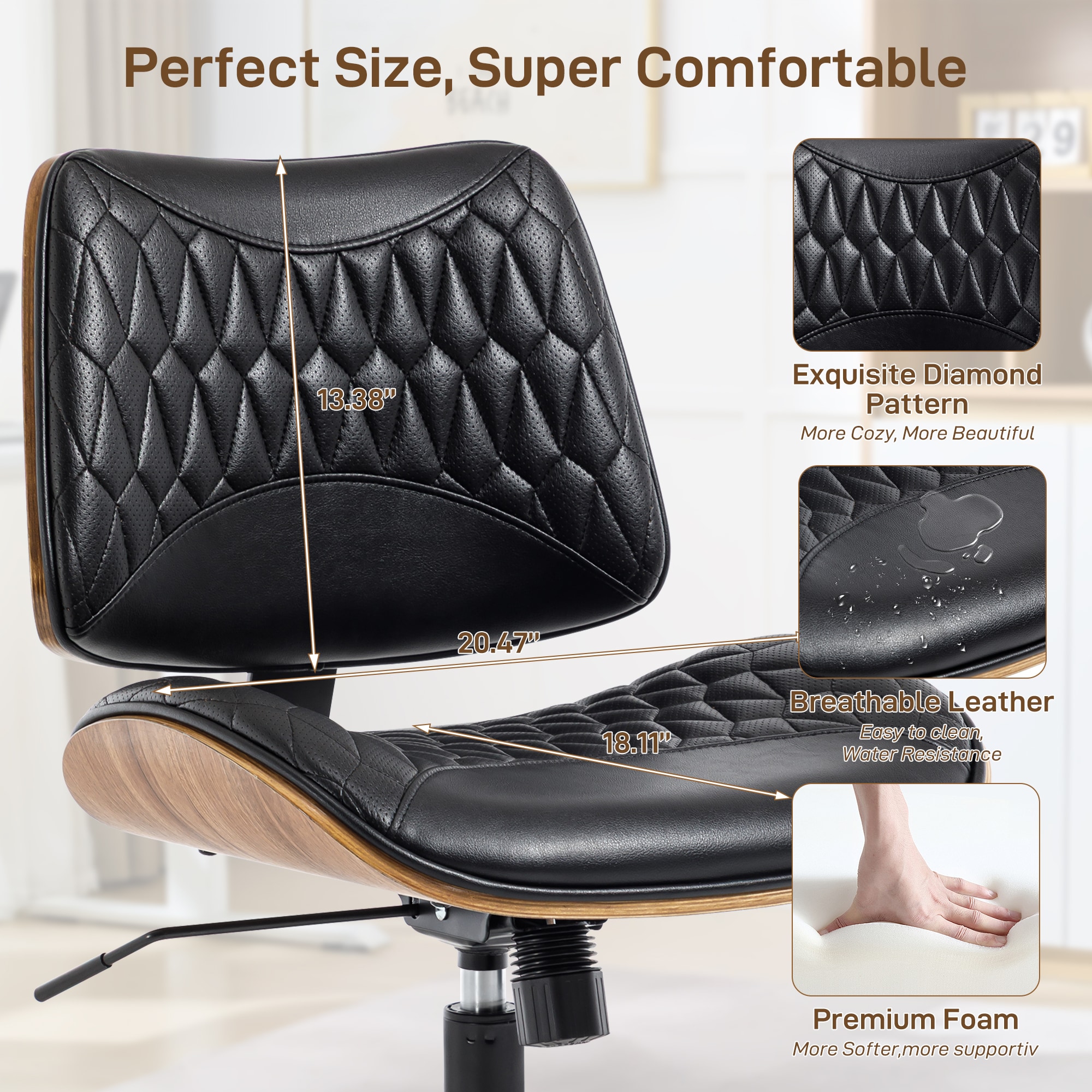Armless Office Chair With Wheels, Adjustable Height Mid Back Small Desk Chair, Modern Walnut Bentwood Back, PU Leather Swivel Rolling Computer Task Chair For Home Office, Meeting Room, Study, Set Of 1_voghion.com